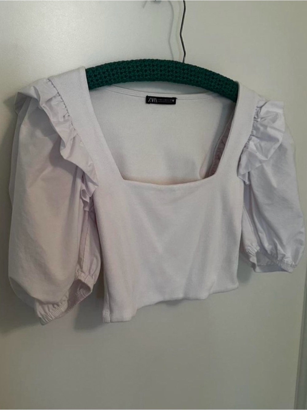 ZARA White Puff-Sleeve Square-Neck Crop Top